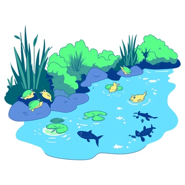 A riverbank with frogs, fish, and ducks showing the interaction between land and water