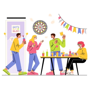 A group of four friends is gathered in a lively room, engaged in a game of darts. One friend, with short brown hair, is in mid-throw, aiming at a dartboard mounted on the wall. Another friend, with long blonde hair, is cheering enthusiastically, holding a colorful drink in one hand. A third friend, wearing glasses, is preparing to take a turn, while the fourth friend, with curly red hair, is sitting at a nearby table filled with snacks and drinks. The atmosphere is lively, with colorful decorations and bright party lights illuminating the scene. "Let's play!" is written on a banner hanging in the background.