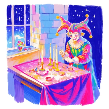 A jester lighting candles on a table for a festive night celebration in the castle.
