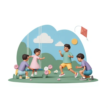 A group of four children, two boys and two girls, are playing in a vibrant park filled with green grass and colorful flowers. One boy, wearing a blue t-shirt and red shorts, is flying a red kite high in the sky. The other boy, wearing a green shirt and yellow shorts, is running towards the swings, where one girl, dressed in a pink dress and white sandals, is happily swinging back and forth. The other girl, wearing a purple t-shirt and denim shorts, is crouching down, examining a small ladybug on the ground. The sun is shining brightly, and a few fluffy clouds are scattered across the blue sky.