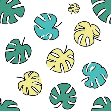 A seamless pattern featuring monstera leaves in varying sizes and shapes. The leaves display different shades of green, ranging from deep emerald to light lime. The leaves have distinctive notches and holes, highlighting their unique texture. The leaves are arranged in a repetitive manner, overlapping slightly to create a cohesive design. The background is a solid, subtle color to enhance the visibility of the green leaves.