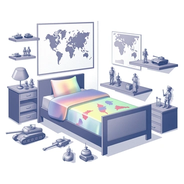 A child's room filled with various toys that reflect the theme of the Cold War. The room has a bed with a colorful duvet cover featuring military vehicles. There are miniature tanks and planes displayed prominently on shelves. A large map of the world is pinned on the wall, with toy soldiers positioned near it. A small table holds a collection of action figures dressed in military uniforms. Plush toys resembling aircraft and tanks are scattered on the floor, creating a playful yet themed environment.