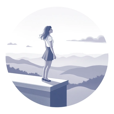 A young woman named "Juliet" stands on an elevated vantage point, gazing out towards a distant horizon. Her posture is open and contemplative, as she leans slightly forward with her arms resting lightly on a stone ledge. The landscape before her features rolling hills that gradually fade into the distance, creating a sense of depth. The sky above is vast and expansive, with a few scattered clouds that add texture. Her hair flows gently in the breeze, and her expression conveys a sense of hope and anticipation for the future. "Dreams" and "possibilities" seem to radiate from her gaze as she observes the world beyond.