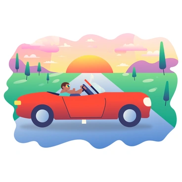 A bright red convertible car is cruising down an endless open road. The car features a sleek design with the roof down, revealing a driver with sunglasses enjoying the drive. The road is flanked by tall green grass and occasional trees on both sides. In the background, a vibrant sunset paints the sky with shades of orange, pink, and purple, casting warm light over the scene. The horizon stretches far into the distance, suggesting an infinite journey ahead.