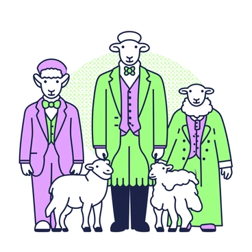 A formal family portrait featuring a group of sheep, each adorned in 19th-century attire. In the center, a distinguished ram wears a green tailcoat with intricate details and a purple waistcoat beneath. To his right, a ewe is dressed in an elegant green gown with puffy sleeves and a purple ribbon tied at the waist. On the left, a young lamb sports a classic purple suit with a green bow tie. Behind them, another ewe stands gracefully, wearing a purple bonnet and a green shawl draped over her shoulders. The sheep are arranged in a triangular composition, with a subtle green-and-purple patterned backdrop accentuating their formal attire. Each sheep is posing with a proud expression, emphasizing the formality of the scene.