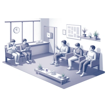 A hospital waiting room with rows of chairs occupied by patients. The room features a reception desk in the background and several potted plants placed strategically around the space. Some patients are sitting quietly, focused on "magazines" in their hands. Others are tapping their feet or glancing at the clock on the wall. A large window allows natural light to fill the room, and a children's play area is visible in one corner, with toys scattered around. The overall atmosphere shows a mix of anxiety and calmness among the patients.