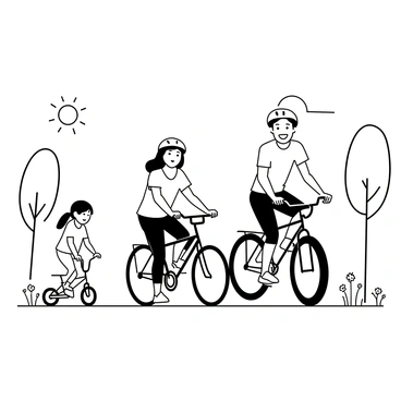A family of four biking together on a path. The mother is leading the way on a bicycle, wearing a helmet and a casual t-shirt. The father follows closely, also wearing a helmet, with a big smile as he rides a mountain bike. Two children are riding behind them; the older child is on a small bike, while the younger one is on a balance bike. The path is surrounded by tall trees on both sides, and flowers are blooming alongside the route, adding detail to the scenery. The sun is shining brightly above them, casting shadows on the ground.