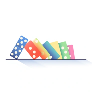 A line of colorful dominoes, each with distinct patterns, is set up in a neat row on a smooth surface. The first domino is tipping over, creating a cascading effect as the others begin to fall in succession. The movement of each domino is captured mid-fall, demonstrating the transfer of energy as the force from one domino impacts the next. Bright colors of blue, red, green, and yellow dominate the scene, and the shadows of the falling dominoes stretch across the surface, adding depth to the image. The background is softly blurred, focusing on the sequence of falling dominoes.