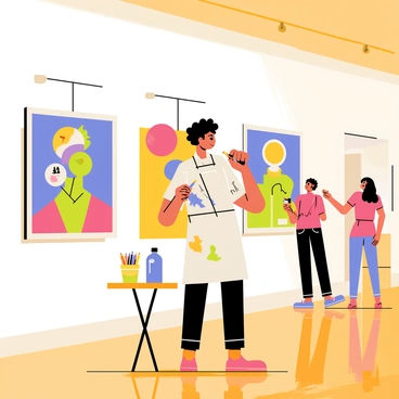 An artist with curly hair wearing a paint-splattered apron is standing in a brightly lit gallery. The walls are adorned with colorful paintings and sculptures. The artist is holding a sketchbook in one hand and a pencil in the other, focused on sketching a large abstract painting on display. A small table nearby holds various art supplies like colored pencils and a water bottle. The floor is made of polished wood, reflecting the vibrant artwork around. A few art enthusiasts can be seen admiring the pieces in the background.