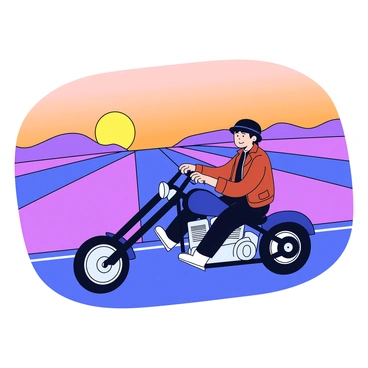 A custom chopper motorcycle with a sleek black frame and chrome accents. The bike has a long, smooth body and an elongated front fork. A rider in a leather jacket and helmet grips the handlebars, leaning slightly forward as they cruise down an open highway. The background features a vast stretch of asphalt surrounded by rolling hills. The sky is filled with warm colors of orange and purple as the sun sets on the horizon. The road is empty, emphasizing the freedom of the ride.