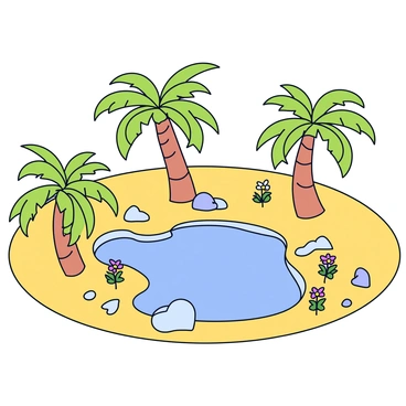 A lush oasis surrounded by a wide expanse of barren sand dunes. The oasis features vibrant green palm trees with fronds swaying gently. In the center of the oasis is a clear, blue pool of water reflecting the bright sky above. Scattered around the pool are colorful flowers blooming in various shades. The contrast between the greenery of the oasis and the golden desert sand creates a striking visual difference. A few small rocks are positioned near the edge of the water, adding to the natural scenery.