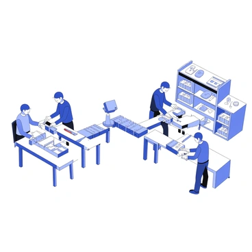 A busy assembly line stretches across the image, filled with workers focused on their tasks. Each worker is positioned at a workstation, assembling products using interchangeable parts. The workstations are equipped with tools and parts neatly organized, showcasing a streamlined process. Conveyor belts carry products along the line, moving them from one station to the next. The workers are wearing uniforms and safety gear, demonstrating a professional environment. In the background, shelves filled with various components are visible, emphasizing the organized nature of the workspace.