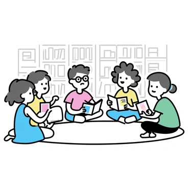 A group of five children sitting in a circle on a soft carpet in a library. Each child is holding a different storybook. The first child, a girl with braided hair, is wearing a light blue dress and is animatedly pointing at her book. The second child, a boy with glasses, has on a red t-shirt and is listening intently. The third child, a girl with curly hair, is sharing her book, which has colorful illustrations. The fourth child, a boy wearing a green shirt, is looking at another child's book with curiosity. The fifth child, a girl with short hair, is smiling and holding her book close. In the background, there are bookshelves filled with various storybooks.
