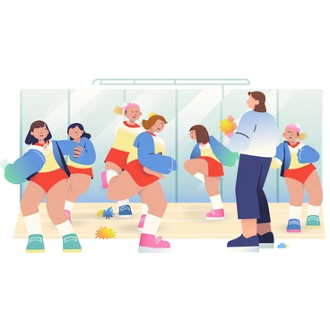 A group of five young cheerleaders is practicing new moves in a spacious gymnasium. They are wearing colorful cheerleading uniforms in shades of blue, red, and yellow. The cheerleaders are mid-action, with one girl performing a high kick, while another is in a jumping split. A seasoned coach with short brown hair and a whistle around her neck is demonstrating a complicated stunt in the background. The gymnasium has wooden floors, tall mirrors on one wall, and bright overhead lights illuminating the scene. Cheerleading pom-poms in various colors are scattered on the floor. The atmosphere is focused and energetic, showcasing teamwork and dedication.