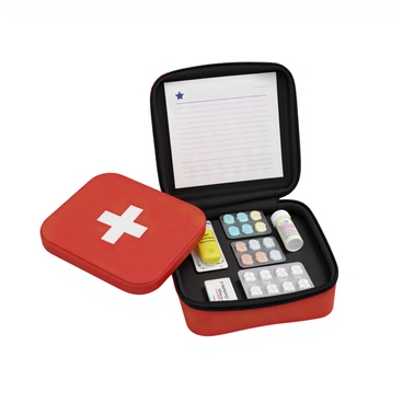 A first aid kit, made of red fabric with white cross symbols, is opened and displayed on a clean surface. Inside the kit, there is a prescription pad with visible lines and a blank space at the top, suggesting it is ready to be filled out. Next to the prescription pad, various emergency medications are organized neatly. These medications include a small vial of antiseptic, several blister packs of pain relievers, and a tube of antibiotic ointment. The contents are well-arranged, showcasing a mix of essential items for immediate medical care.