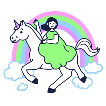 A young girl with flowing hair is riding a unicorn. The unicorn has a shimmering mane and a spiraled horn. The girl is wearing a bright dress that flutters in the wind as they move. They are surrounded by a vivid rainbow that arches across the sky in the background. Below them, there are fluffy clouds adding to the scene. The girl's expression is one of joy and excitement as she enjoys the ride.