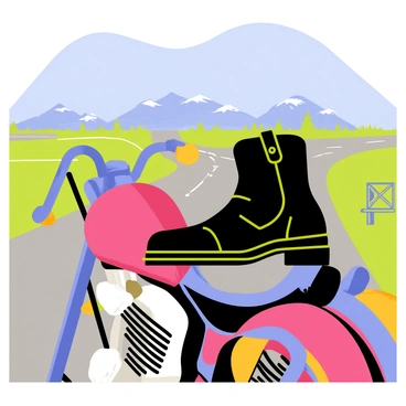 A pair of black heavy motorcycle boots is positioned prominently on the footrest of a shiny chrome motorcycle. The bike features a sleek design with polished metal and vibrant colors. In the background, an open road stretches ahead, lined with green grass and distant mountains under a clear blue sky. The scene conveys a sense of adventure and freedom.