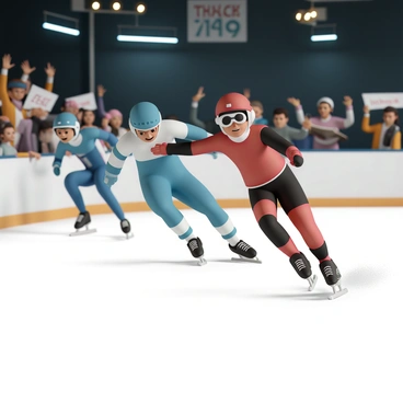 A competitive ice rink is bustling with excitement as a group of skaters races at high speed. In the foreground, two skaters are neck and neck; one is wearing a blue racing suit with white stripes and a helmet, while the other wears a red suit with black accents and goggles. Their blades slice through the ice, leaving behind a spray of frost. In the background, spectators are cheering, waving banners, and holding up signs. The rink is illuminated by bright overhead lights, enhancing the intense atmosphere of the race.