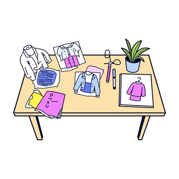 A designer's desk filled with fashion sketches and colorful illustration swatches