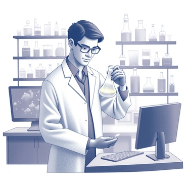 A focused scientist wearing a lab coat is examining a glass flask. The flask contains a glowing liquid, emitting an ethereal light. The scientist holds the flask with one hand while inspecting it closely with his other hand. Surrounding the scientist are various high-tech laboratory equipment, including computers and intricate machinery. The laboratory has a sleek, modern design, with multiple shelves filled with scientific tools and glassware.