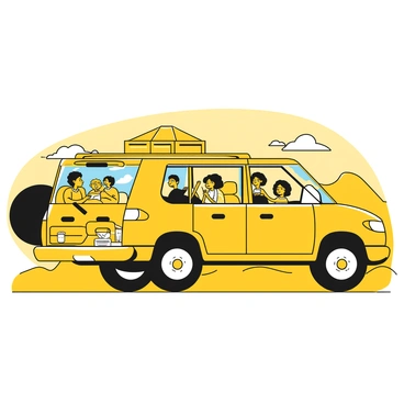 A family of four inside a spacious American SUV, with the rear seats filled with luggage, blankets, and snacks for the journey. The parents are in the front seats, engaged in conversation, while the two children are in the back seat, excitedly looking out the windows. The SUV has a large sunroof and a map lying open on the dashboard. The landscape outside shows rolling hills and blue skies, suggesting they are on an open highway.