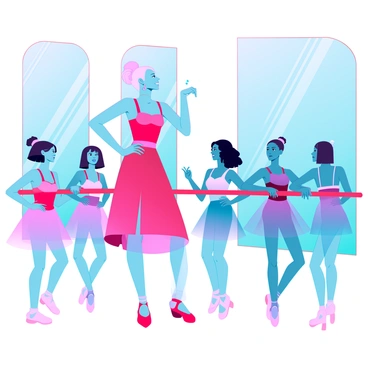 A woman with blonde hair styled in a high bun, wearing a pink leotard and a flowing skirt, stands confidently at the front of a bright, spacious dance studio. She is demonstrating a ballet pose while gazing encouragingly at her students. Surrounding her are several young dancers, each wearing colorful tutus and ballet shoes, diligently practicing their positions at the barre. The walls of the studio are mirrored, reflecting the focused expressions of the children as they imitate their teacher's movements. Soft sunlight filters through large windows, illuminating the scene and highlighting the grace and enthusiasm of the ballet class.