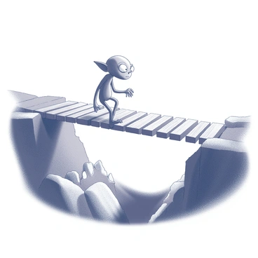 A thin, narrow bridge constructed of wooden planks sways precariously above a deep chasm. Gollum, a character with a gaunt, emaciated frame, moves cautiously across the bridge. His large, bulbous eyes widen with focus, and his elongated fingers grip the sides of the bridge for support. Below, jagged rocks and a dark abyss can be seen, emphasizing the height and danger of the crossing. The atmosphere is tense, with Gollum's hunched posture suggesting unease as he navigates the unstable structure.