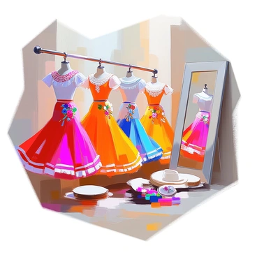 A collection of traditional Hispanic dance costumes hanging in a dressing room. The costumes are vibrant and richly colored, showcasing intricate embroidery and decorative elements. There are long, flowing skirts in bright reds, yellows, and blues, each adorned with floral patterns. Accompanying the skirts are fitted bodices with lace and ruffle details. Various accessories such as wide-brimmed hats and colorful shawls are neatly arranged nearby. The dressing room has soft lighting, highlighting the textures and details of the costumes, while a full-length mirror reflects the beautiful attire.