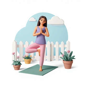 A cartoon girl with long brown hair, wearing a bright purple tank top and pink yoga pants, is performing a yoga pose in a small urban backyard garden. She is standing on a green yoga mat, balancing on one leg in a tree pose. Surrounding her are various potted plants, including colorful flowers and small shrubs. A white picket fence encloses the garden, and there is a clear blue sky above, adding a cheerful atmosphere to the scene. The girl has a serene expression, focusing on her practice amidst her urban surroundings.