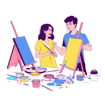 A couple stands side by side in a bright art classroom, each holding a paintbrush. They are focused on their individual canvases, which are propped up on easels in front of them. The woman has a vibrant blue canvas while the man is working on a lively yellow canvas. Various jars of colorful paints are scattered across the table between them, with splatters of paint depicting their creative process. The couple is smiling at each other, sharing a moment of laughter as they add finishing touches to their paintings. An assortment of brushes and palettes can be seen, creating an atmosphere of artistic collaboration.