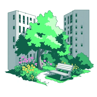 A small lush garden tucked between tall urban apartment buildings