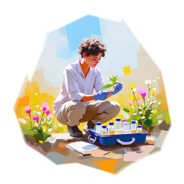 A scientist with medium skin and short curly hair is diligently collecting samples in a vibrant natural setting. She is wearing a light-colored, breathable shirt and cargo pants, equipped with gloves. Around her, there are various plants and small flowers, with a clear blue sky overhead. A portable lab kit is placed on the ground nearby, containing vials and tools for sample collection. She holds a small container in one hand while examining a leaf with curiosity, showing an engaged expression.