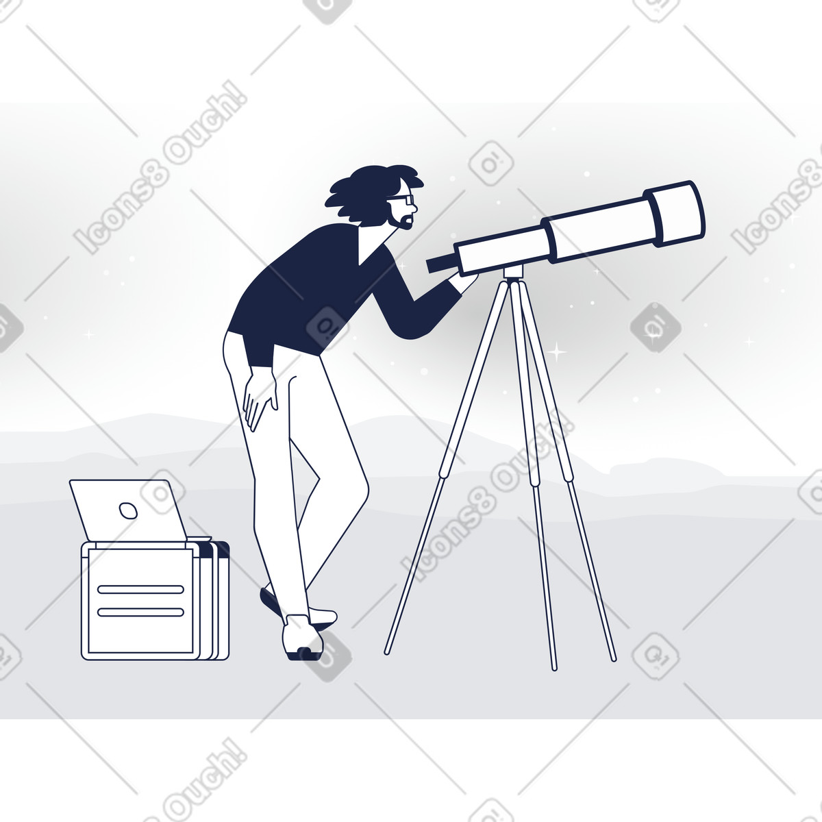 Observer looking at stars through a telescope outdoors, Night sky exploration or stargazing illustration in Urban Line style download in PNG, SVG