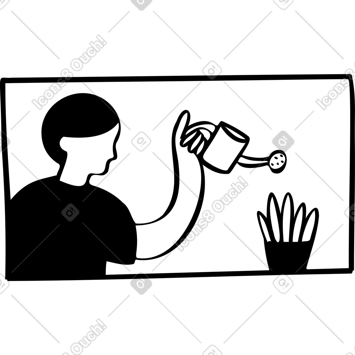 Man in a window watering plant illustration Journal style download PNG, SVG