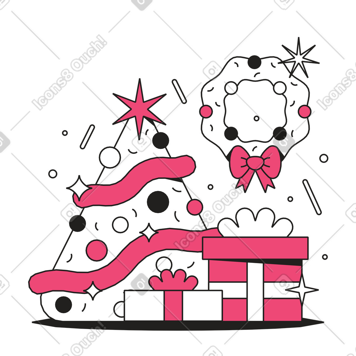 Heiligabend mit weihnachtsbaum und geschenken animierte Illustration im Dazzle Line-Stil als Download in GIF, Lottie (JSON), AE
