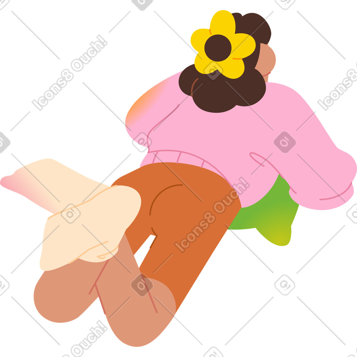 Frau liegt mit einem kissen auf dem bauch und hat die beine übereinandergeschlagen-Illustration im Fizzy-Stil als Download in PNG, SVG