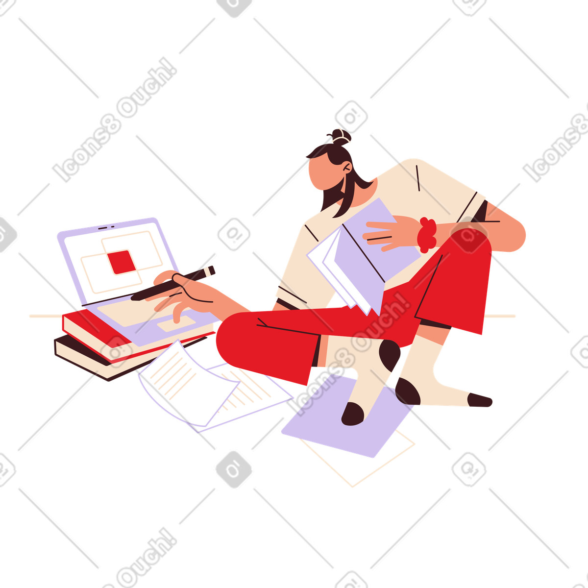 Learner studying with laptop and books, Online education or remote learning illustration in Folks style download in PNG, SVG