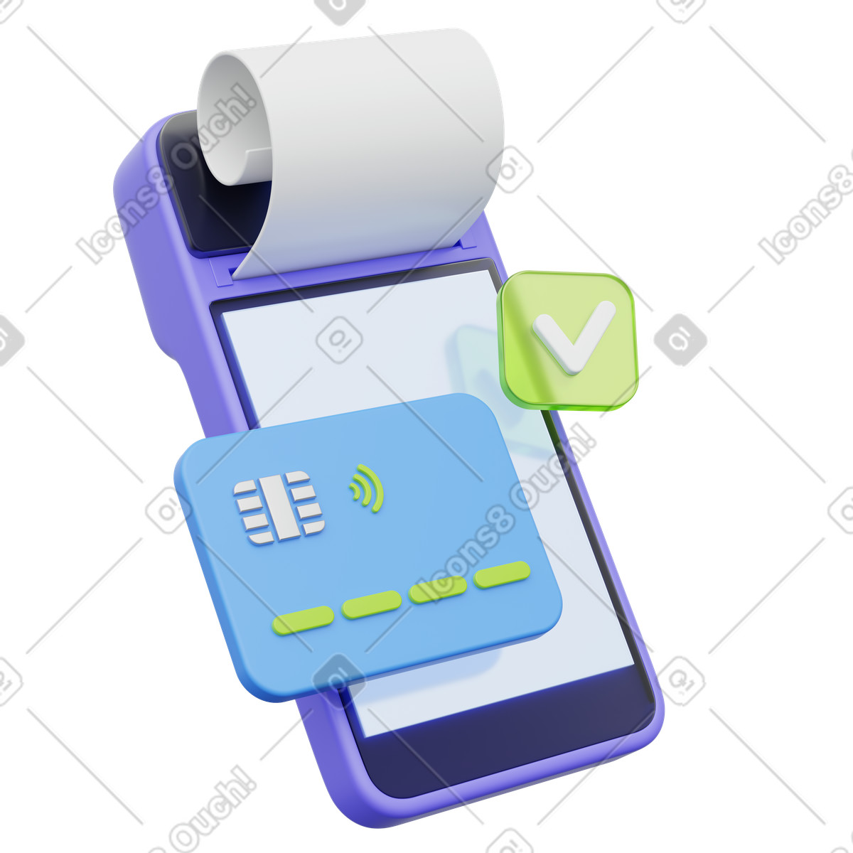 POS terminal card payment, Mobile receipt device with credit and green checkmark, Successful transaction confirmation illustration in 3D Playful style download in PNG, SVG