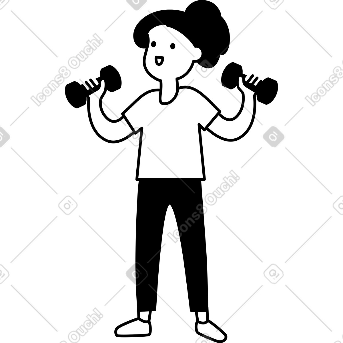 Иллюстрация Dumbbells workout character lifting weights with smile and t-shirt в стиле Notion Line Art — скачать в форматах PNG, SVG