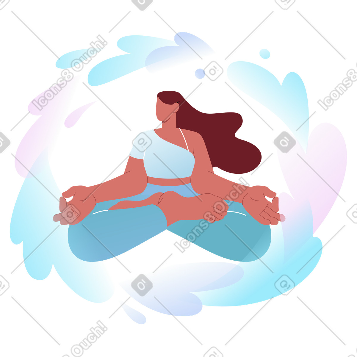 下载 Airy 风格的 Meditating in lotus pose, Stress relief and mental health 插画，支持 PNG、SVG 格式