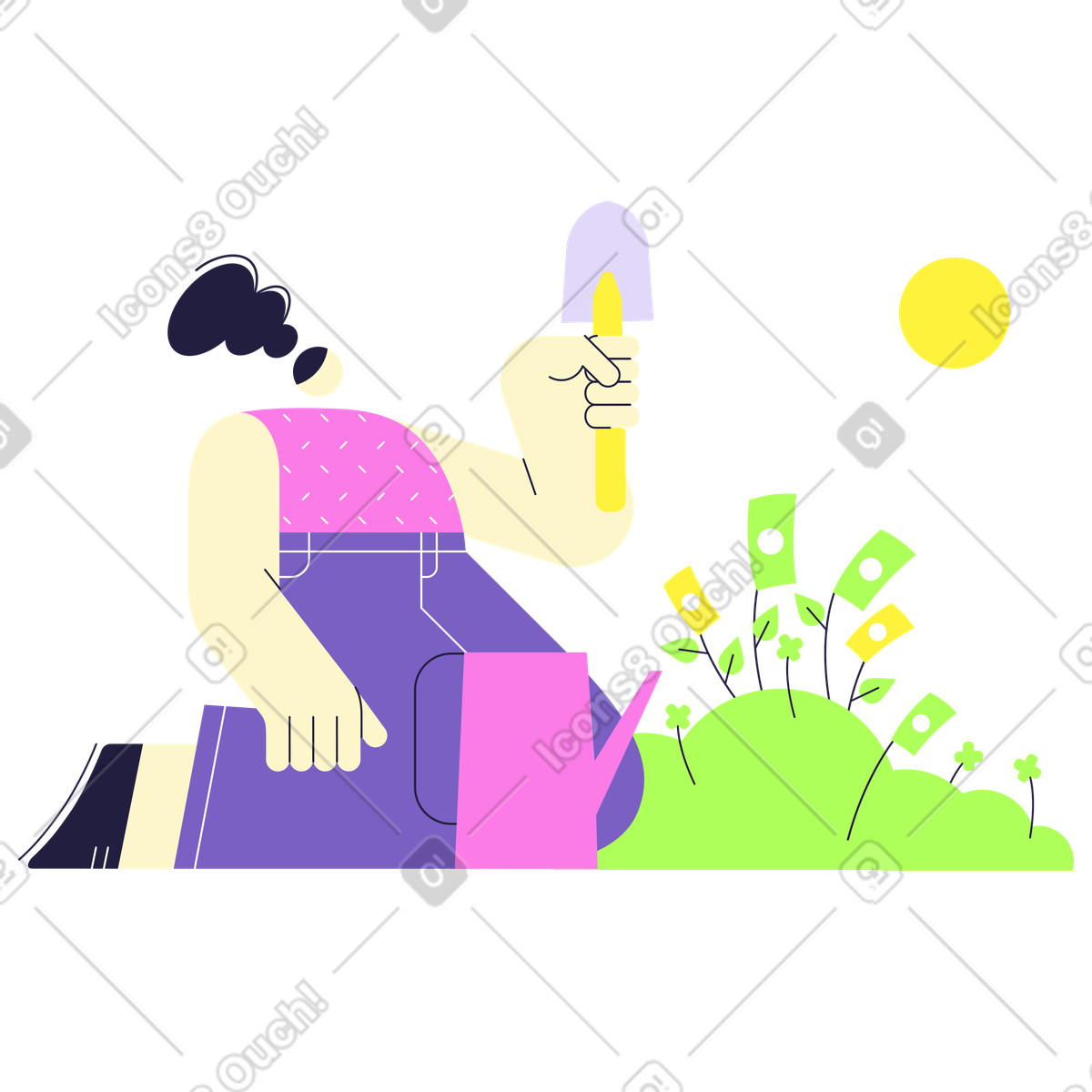 Mellow スタイルの 金のなる木を植える女性 のイラストをPNG、SVG形式でダウンロード