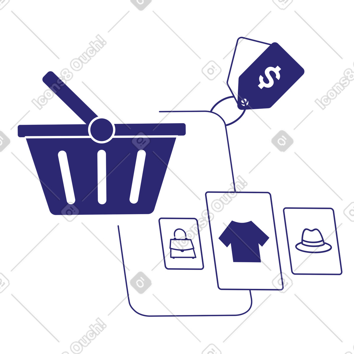 Online shopping interface with digital products, marketplace for E-commerce illustration in Cut style download in PNG, SVG