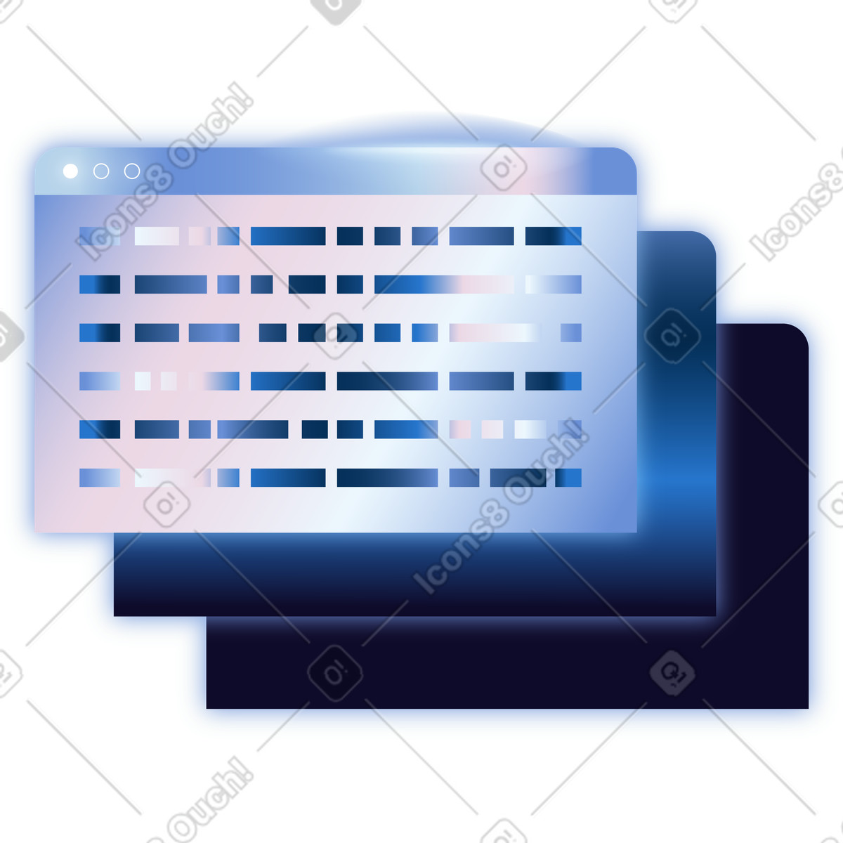 Code window showing programming script on overlapping application interface screens-Illustration im Dimension-Stil als Download in PNG, SVG