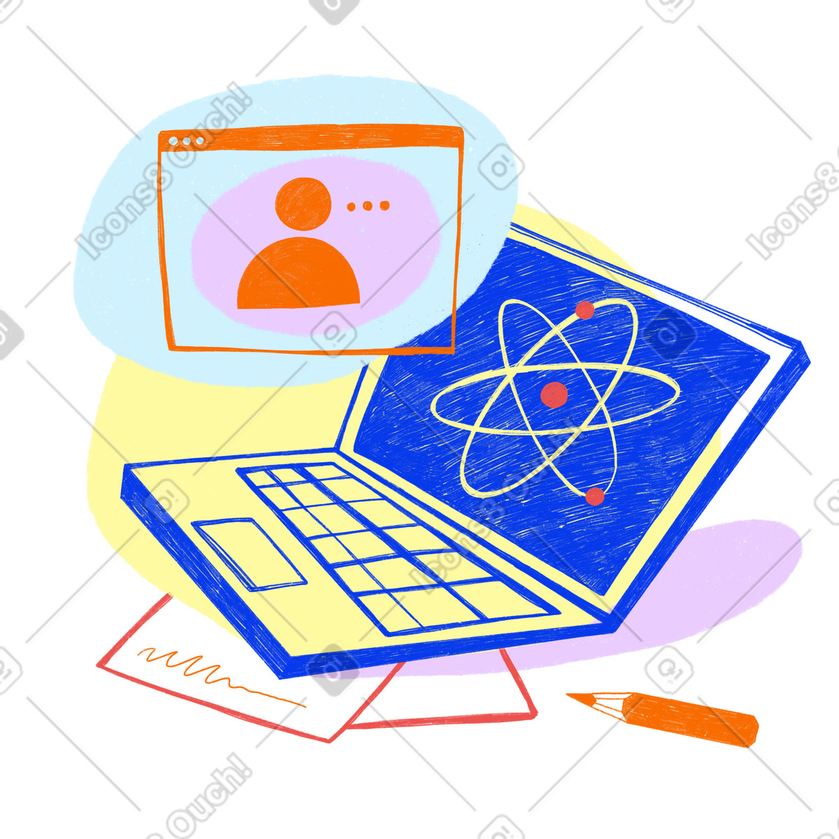 Illustration Blue laptop with a browser window where online learning takes place dans le style Biro à télécharger aux formats PNG, SVG