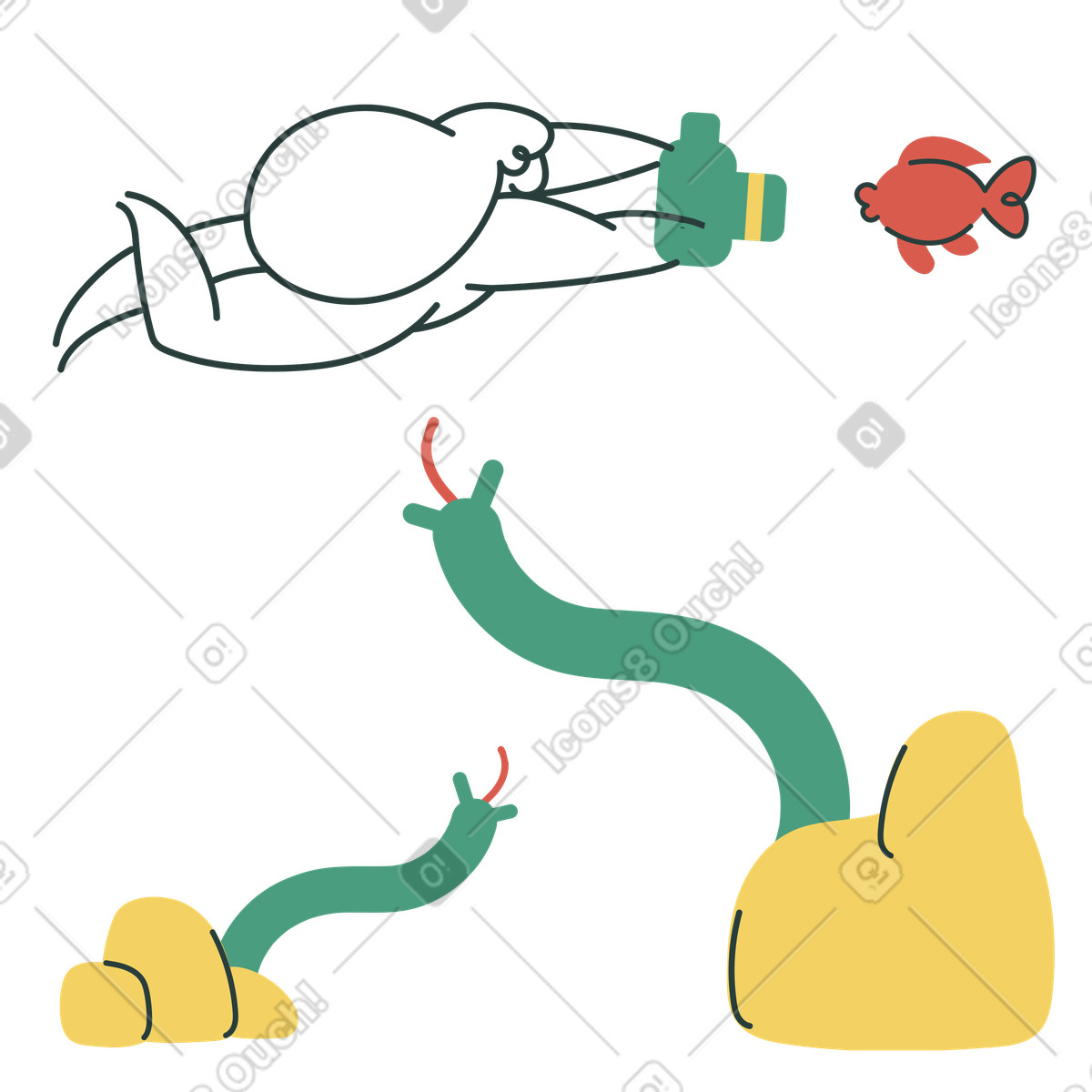 Diver escaping from underwater creature, Software bug or fatal error concept illustration in Macaroni style download in PNG, SVG