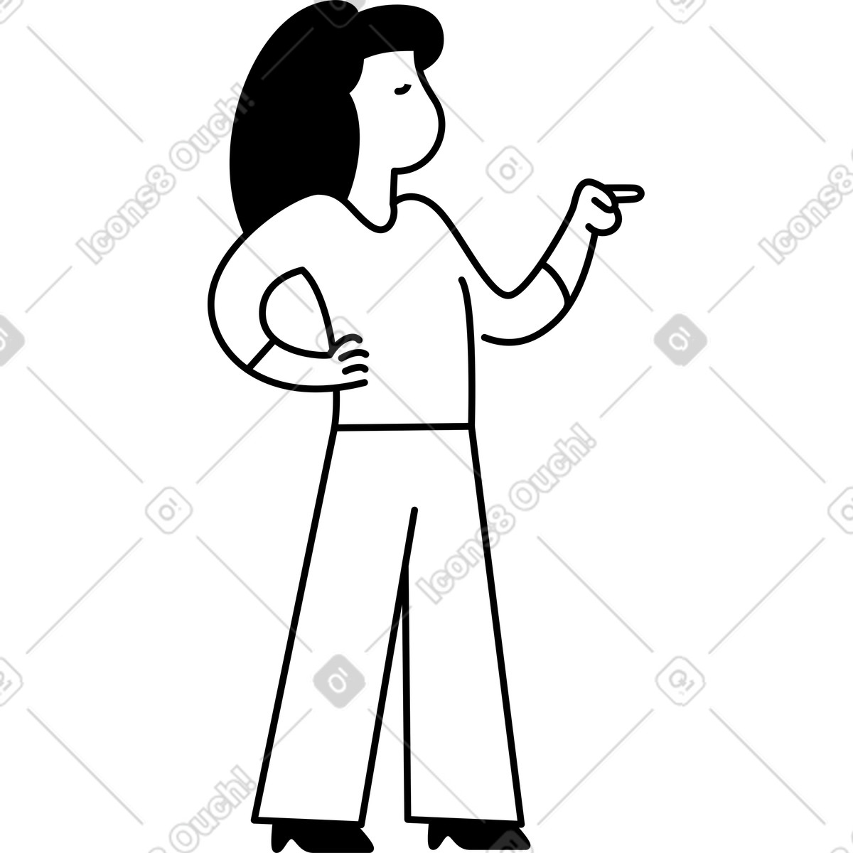 Ilustración Woman standing in side view and pointing finger en estilo Notion Line Art a descargar en PNG y SVG