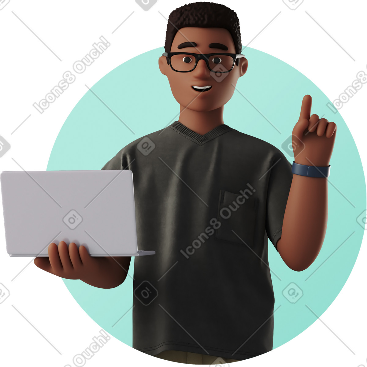3D Business スタイルの ノートパソコンを持ち、親指を立てている男性のアバター のイラストをPNG、SVG形式でダウンロード