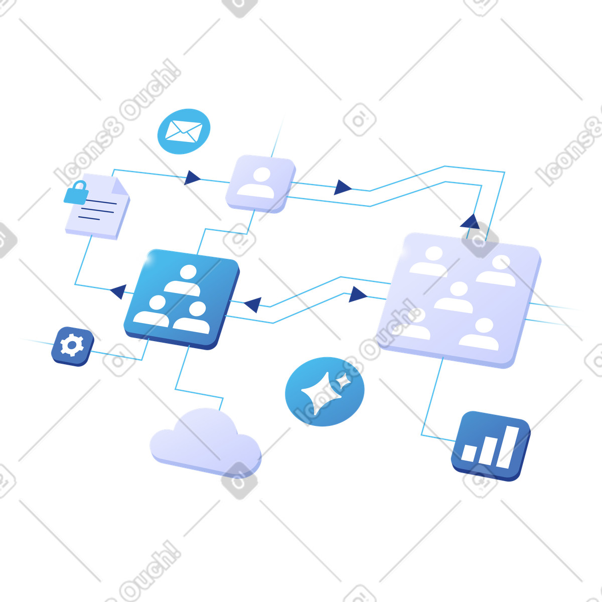 Workflow automation connecting teams and cloud data analytics illustration in Quantum style download in PNG, SVG