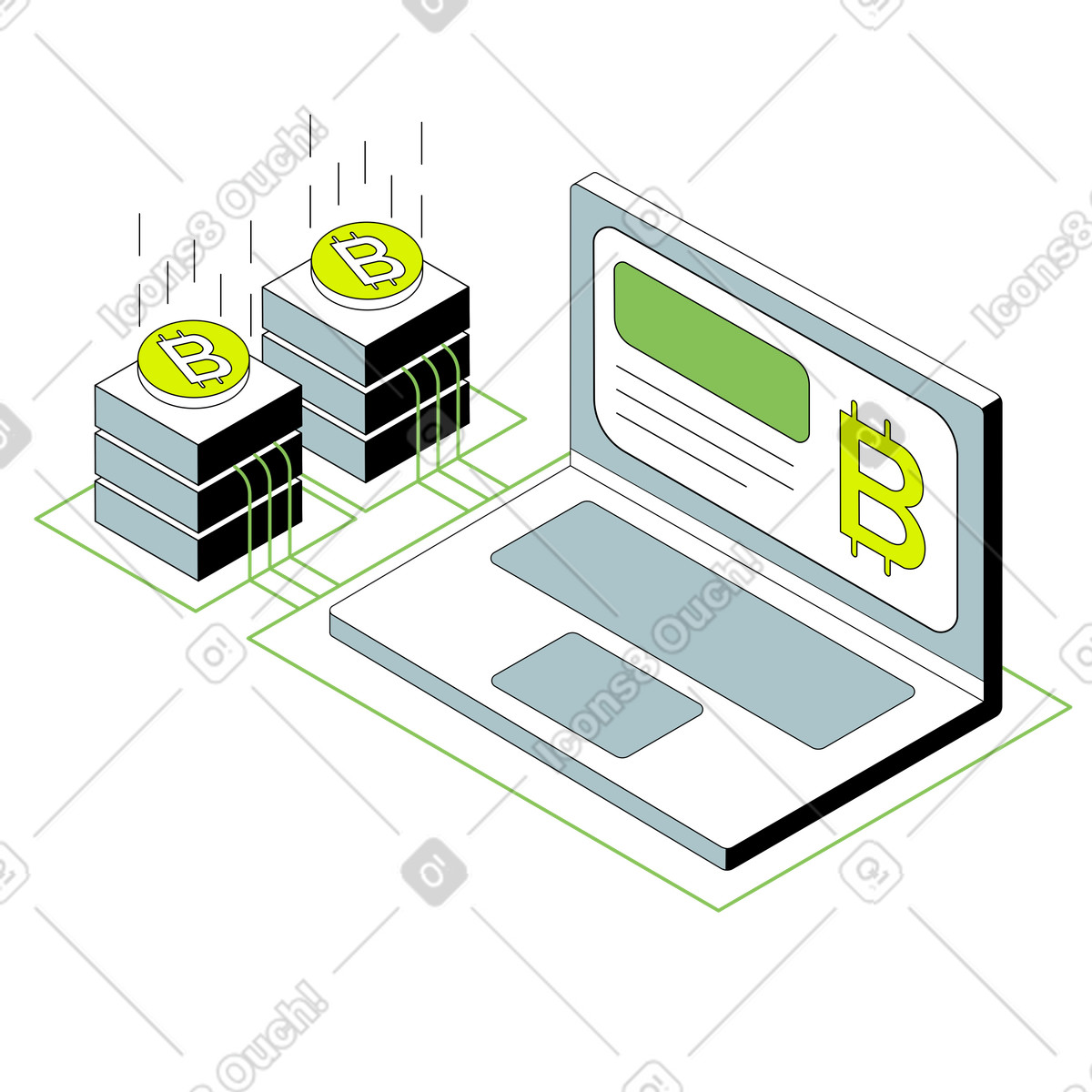 Laptop interfacing with crypto servers, Cryptocurrency mining or exchange illustration in PNG, SVG