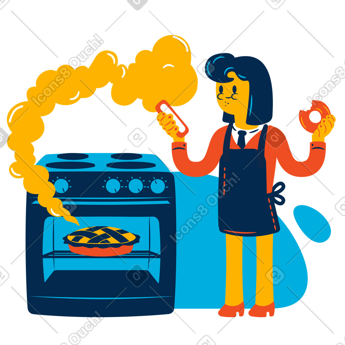 Baker holding phone with smoking oven, Kitchen accident or baking fail illustrazione in stile Flame scarica in PNG, SVG
